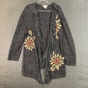 Timberlea Dark Gray Floral Open Ruffle‎ Cardigan Sweater Women's XL Ramie Blend